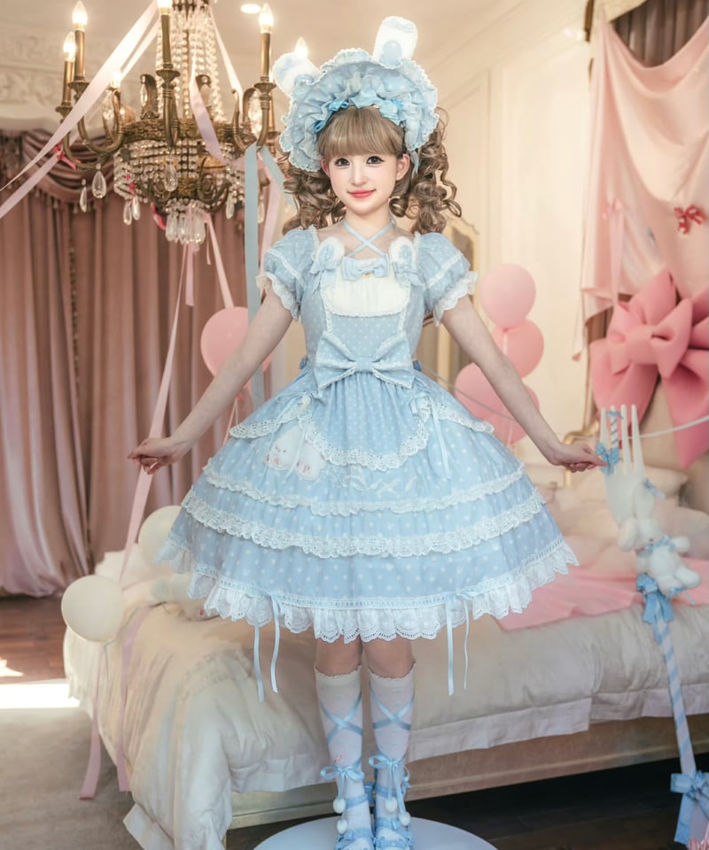 ラビットリボン」ドットワンピース＆ボンネット（新色追加）【6/15まで