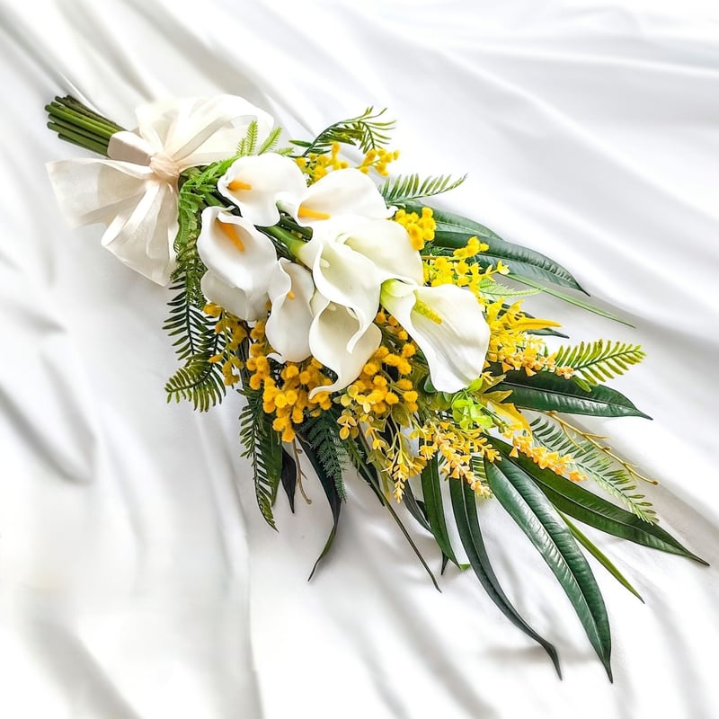 造花 ミモザ カラーのウェディングブーケ/生花に見える 高級造花
