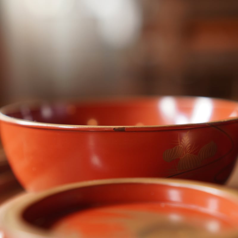 漆器椀 蓋付き 朱塗り 金蒔絵 漆器 吸物椀 金 汁椀 明治 和食器
