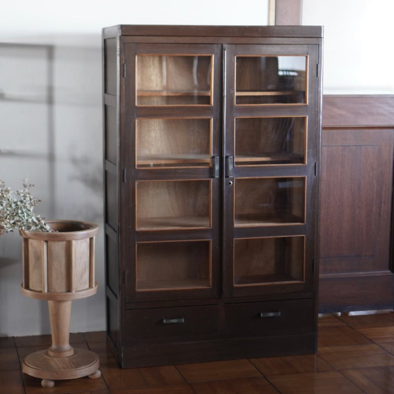 古いガラス棚 食器棚 収納棚 木製 昭和初期 収納 古道具 アンティーク