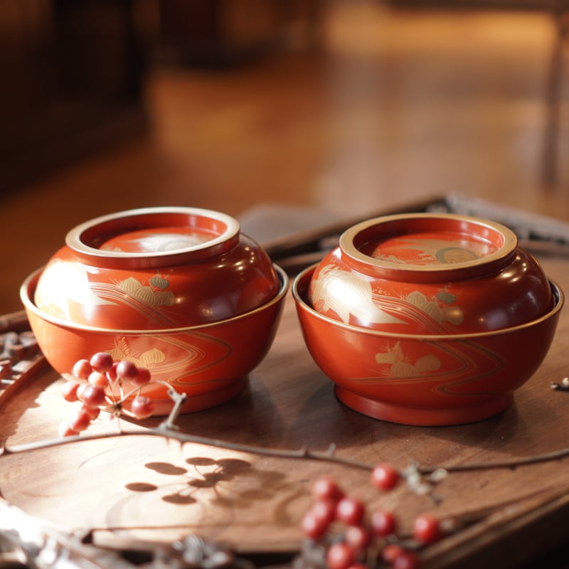 漆器椀 蓋付き 朱塗り 金蒔絵 漆器 吸物椀 金 汁椀 明治 和食器