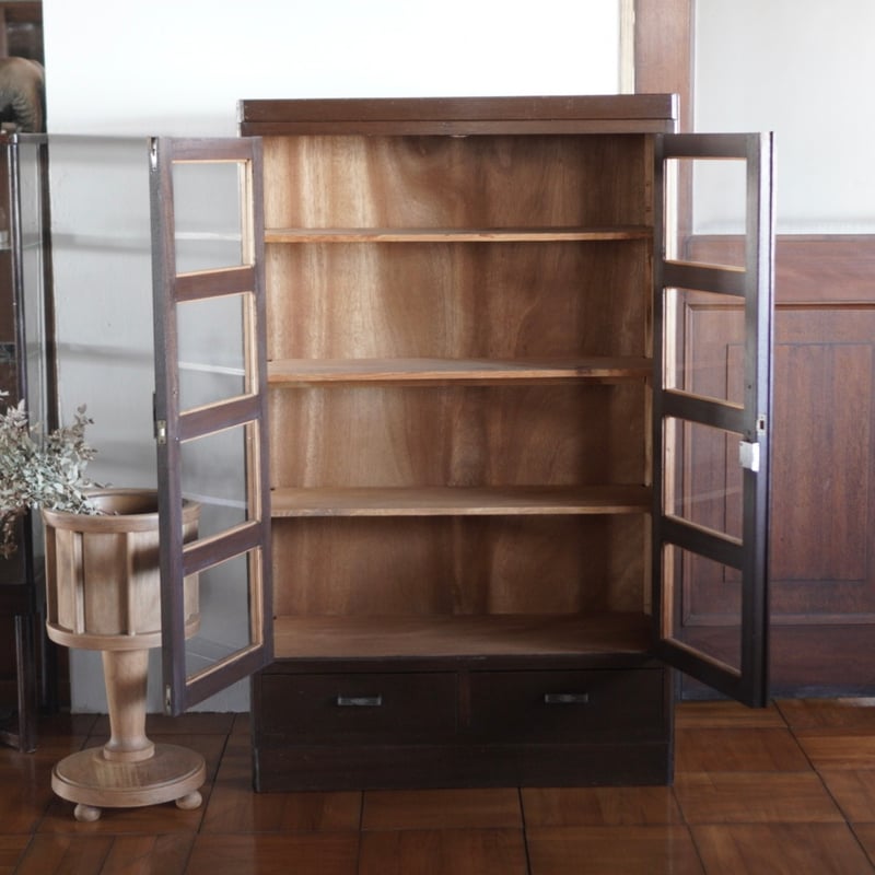 古いガラス棚 食器棚 収納棚 木製 昭和初期 収納 古道具 アンティーク