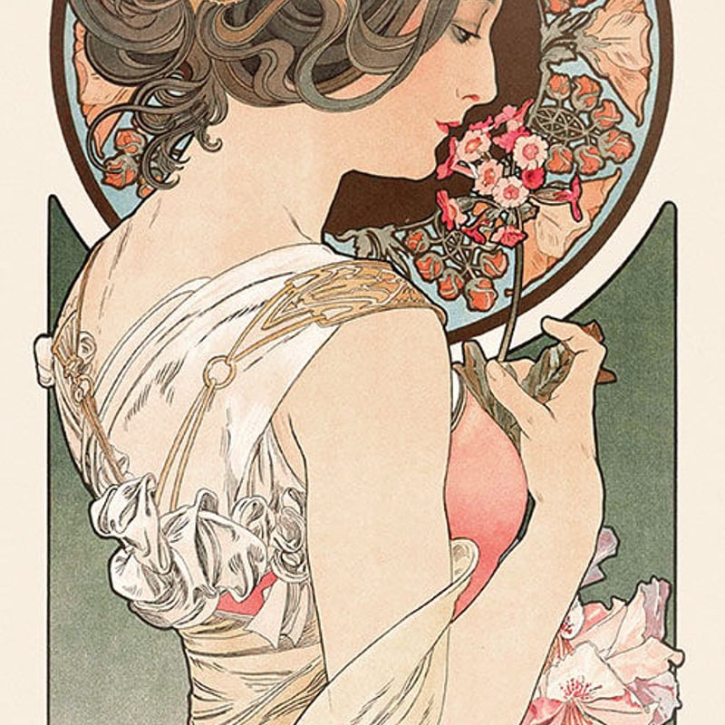 ミュシャ『桜草』 リトグラフ・送料無料・新品額装・UVカットアクリル