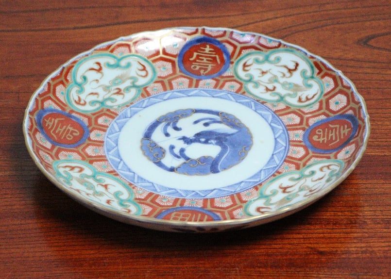 江戸中期色絵団龍と寿文字に亀甲文7寸皿 5客組 1客少甘手 | 吉祥寺