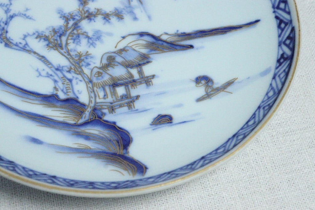 明治前期九谷焼金彩染付山水図通り物6寸皿 | 吉祥寺PukuPuku