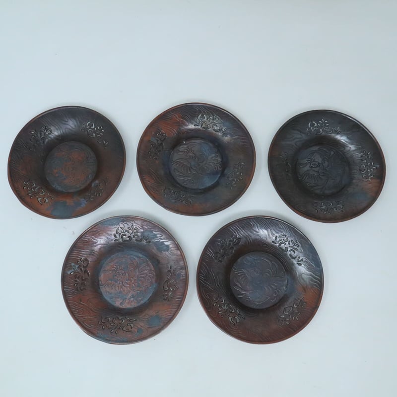 A013【工芸】煎茶 古銅 輝壱造 透彫刻 茶托 5客揃 | 中国美術・茶器 花葉