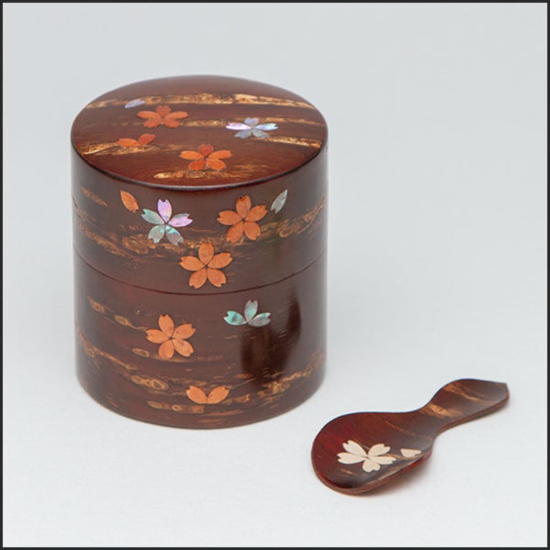 桜皮細工 総皮茶筒 らでん平桜と茶さじセット（樺細工） | 角館桜皮