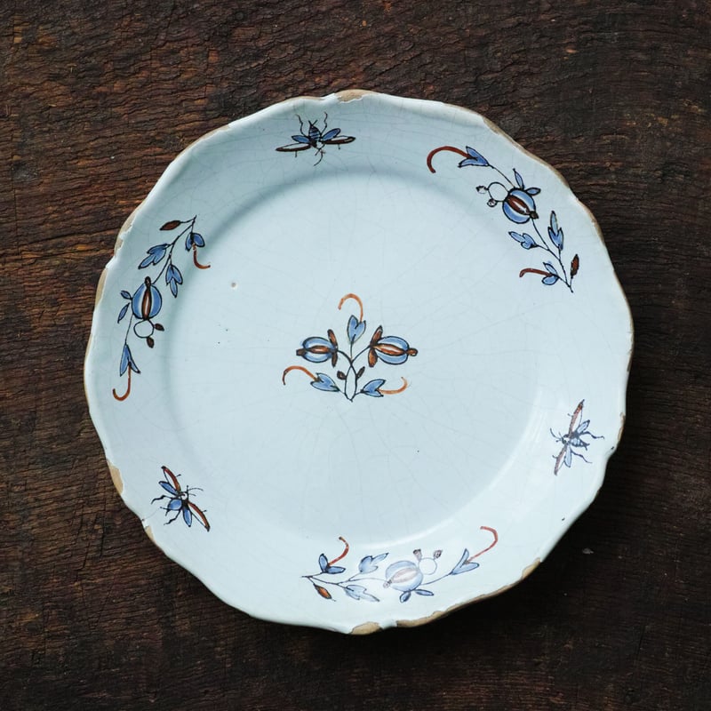 18世紀 フランス ファイアンス白錫釉色絵皿 / Faience Plate / France