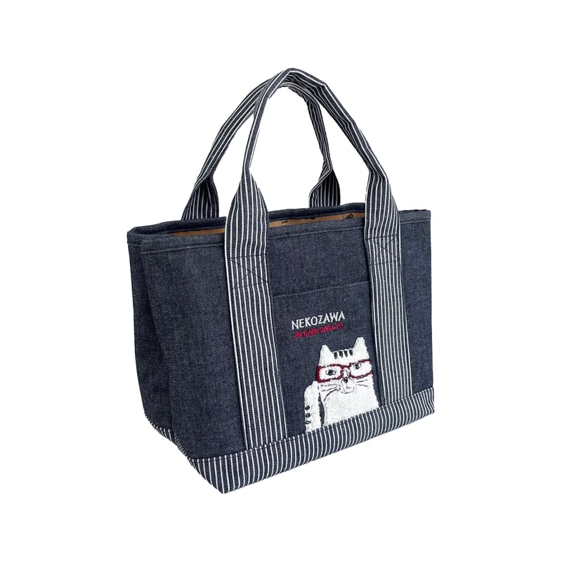 25-10019 ネコまるけ 先染めデニム調＆ヒッコリー 仕切りトートバッグS