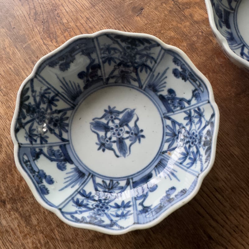 古伊万里 染付松竹梅文 輪花膾皿 渦福銘 2客セット | Kaikaroman