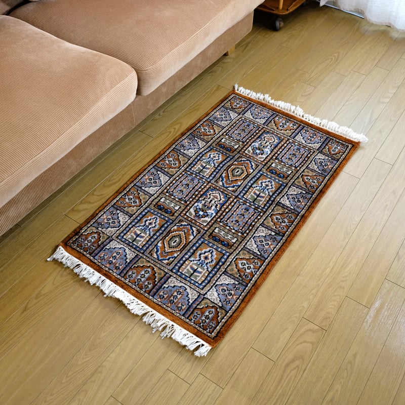 インド 手織り絨毯 ウール ＜約60 x 101 ㎝＞ ブラウン・ガーデン