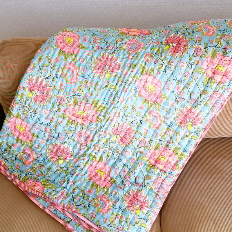 キルト ブランケット インド綿 ブロックプリント シングルサイズ