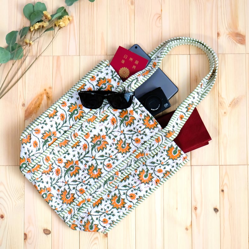 トートバッグ インド綿 ブロックプリント オレンジプラント | インド