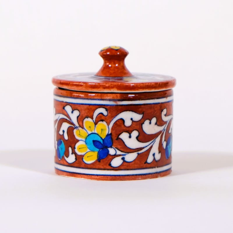 陶器小物入れ 蓋付き インド ブルーポタリー 小サイズ 青/水色/赤/緑
