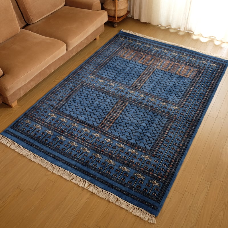 インド 手織り絨毯 ウール ＜約154 x 223 ㎝＞ 青・トライバル