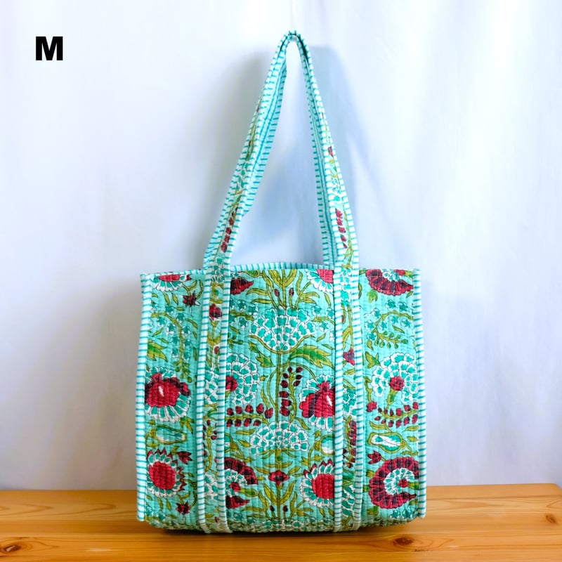 トートバッグ インド綿 ブロックプリント ライトグリーン | インド雑貨