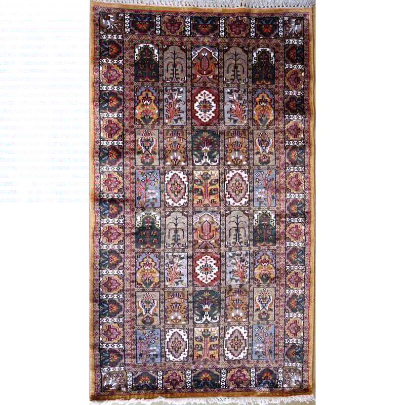 インド 手織り絨毯 シルク ＜約88 x 156 ㎝＞ ブラウン・ガーデン