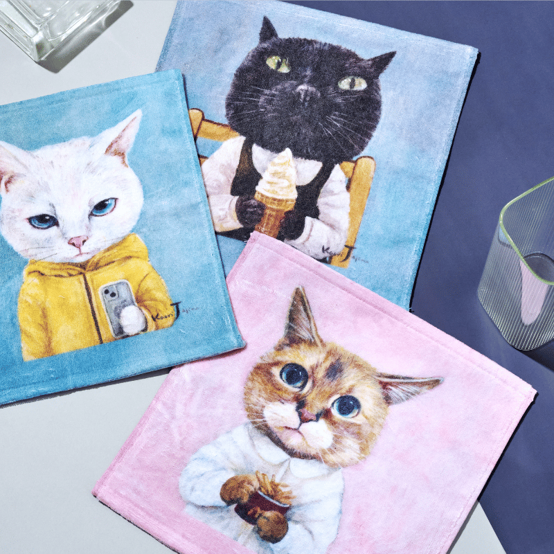 個性的な猫ちゃんのタオルハンカチ | 3軒のねこと庭