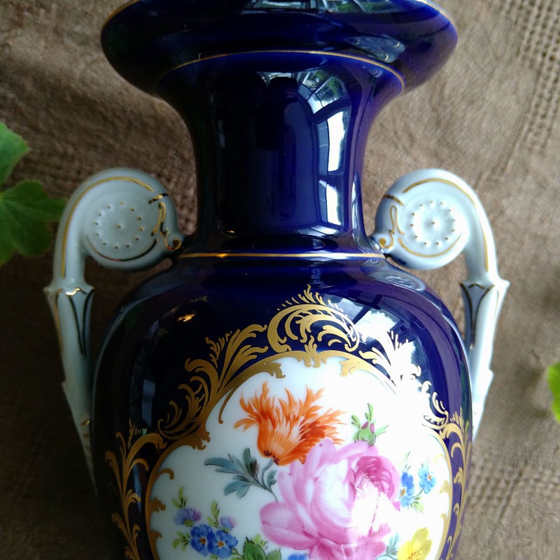Meissenマイセン、コバルトにフラワーブーケの花瓶、高さ約23.7㎝H