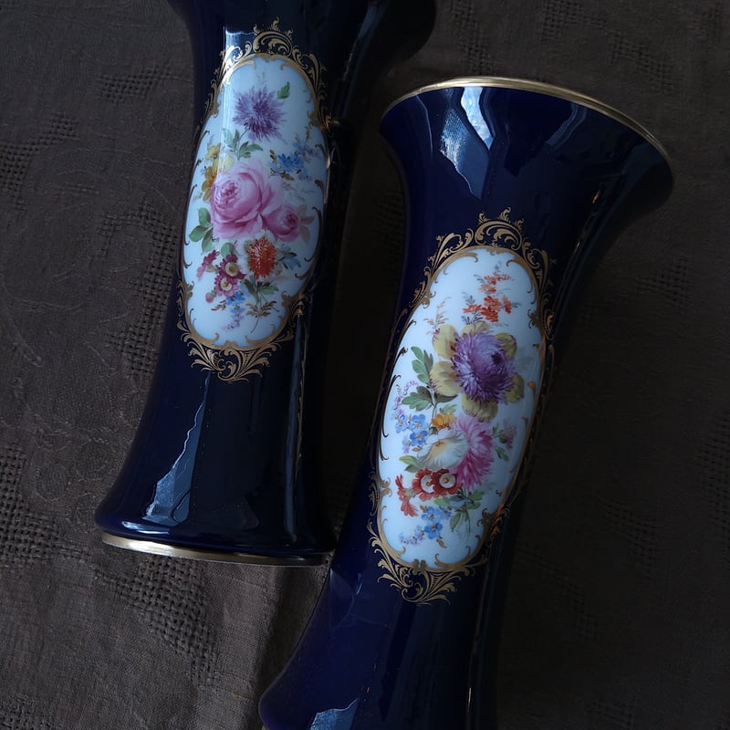 Meissenマイセン1924年以前のコバルト/2面にドイツフラワーの花瓶Vase