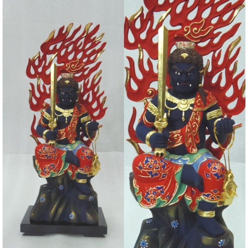 仏像☆桧材 極彩色 不動明王半跏像3.5寸☆お不動さん 高さ：約35cm