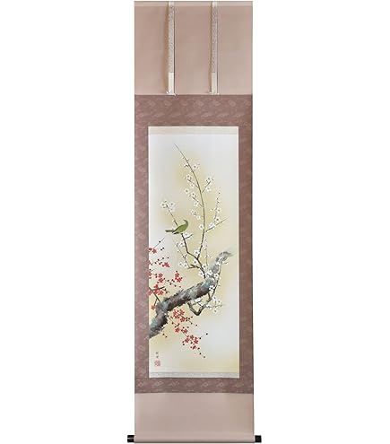 Amazon.co.jp: 掛け軸／掛軸 紅白梅に鶯 （田村 竹世） : ホーム＆キッチン