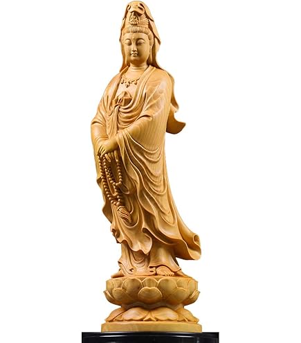 Amazon｜観音菩薩立像 天然ツゲ木彫り 木製仏像 柘植 彫刻観音像