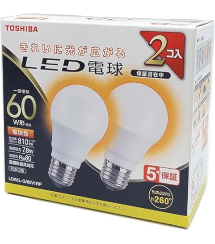 Amazon | 東芝(TOSHIBA) LED電球 60W相当 広配光 電球色 E26口金 2P