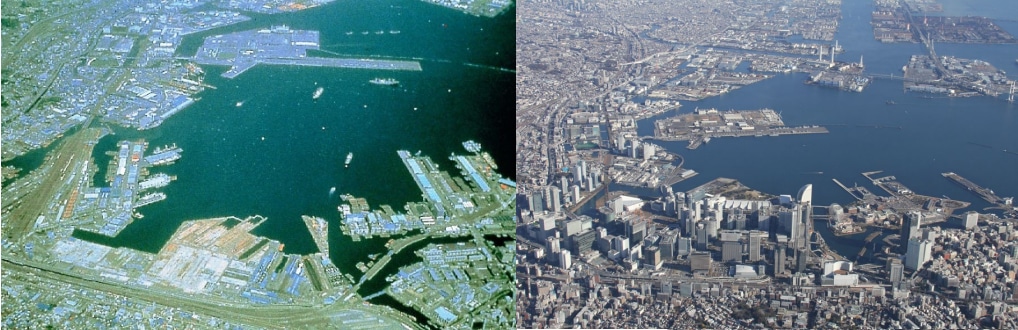 1983年事業着工時のみなとみらい21地区の様子と、2022年の様子