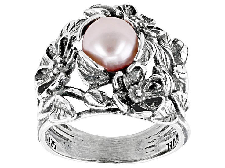 Pink Cultured Freshwater Pearl Sterling Silver Floral Ring 7.5-8mm