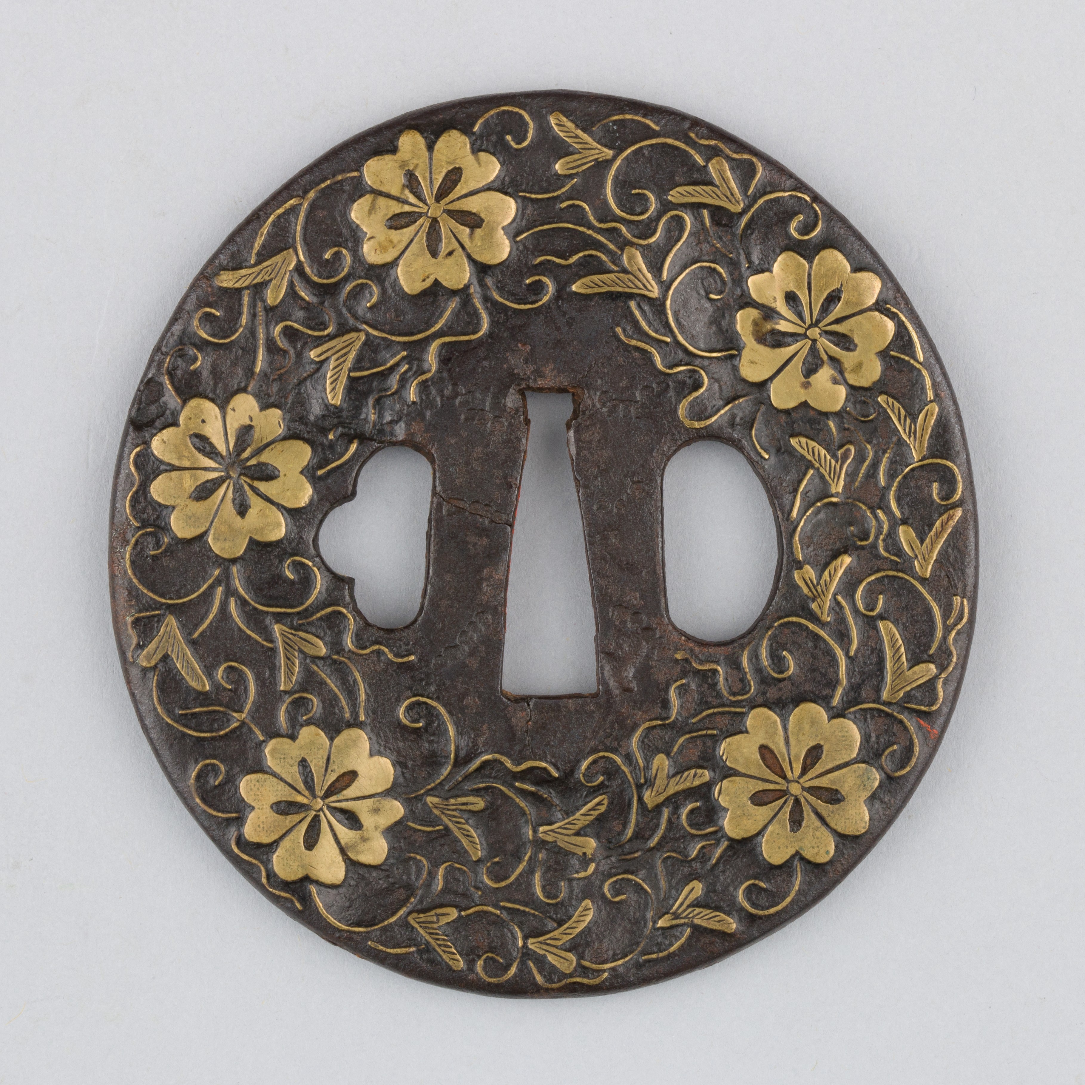 Sword guard (Tsuba) With Cherry Blossom Motif (桜図与四郎象嵌鐔