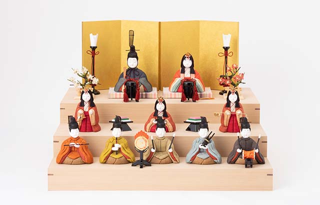 手織り麻の木目込み雛飾り 十人飾り 背景（屏風）・素木台【順次発送