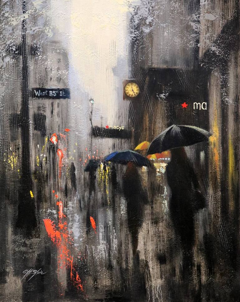 Macy's Rainy Day Walkers Painting by Chin H Shin | Saatchi Art