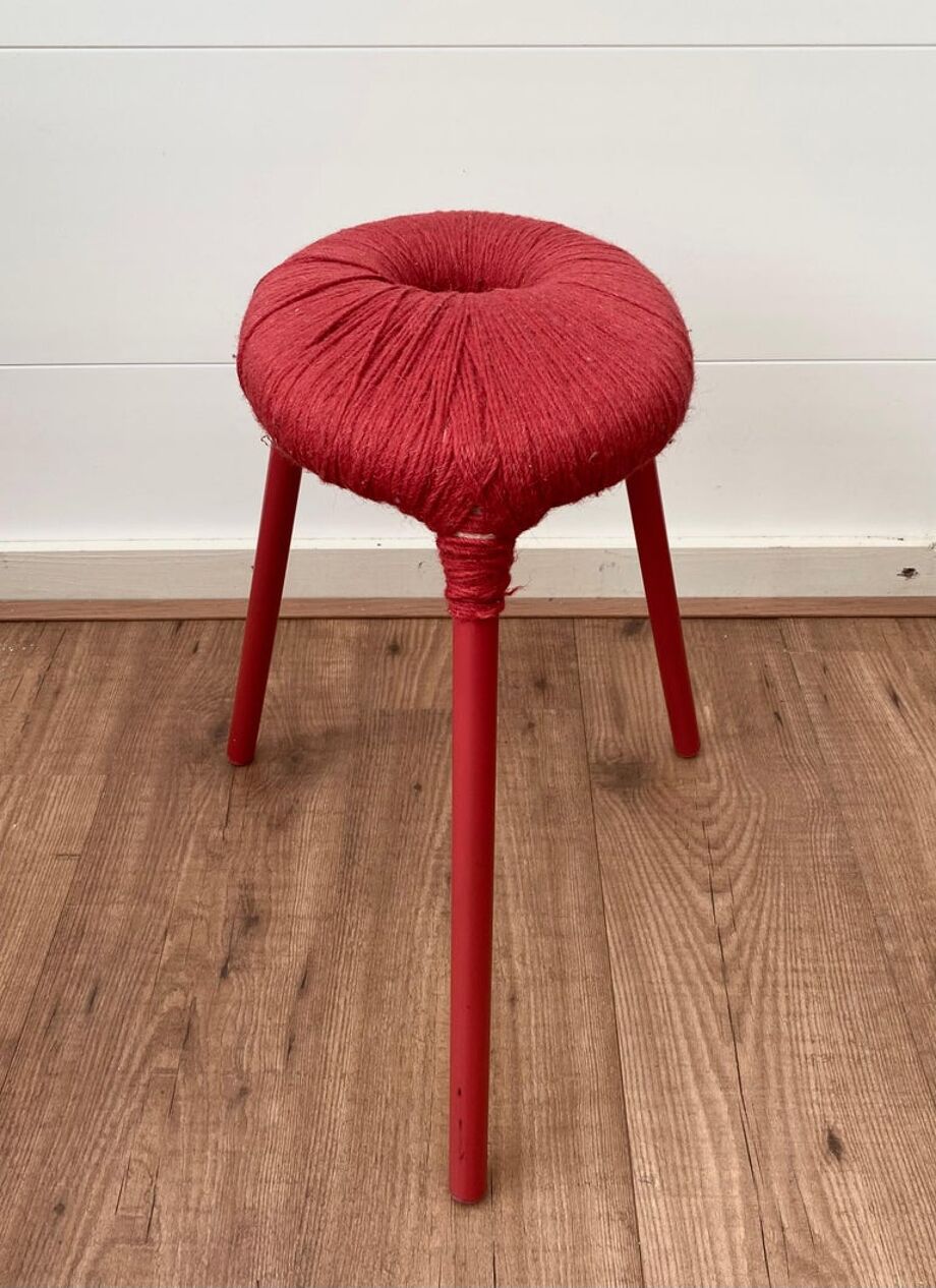 Ikea Red Metal and Wool Three pod Stool, Model Eskilstuna, 1990s