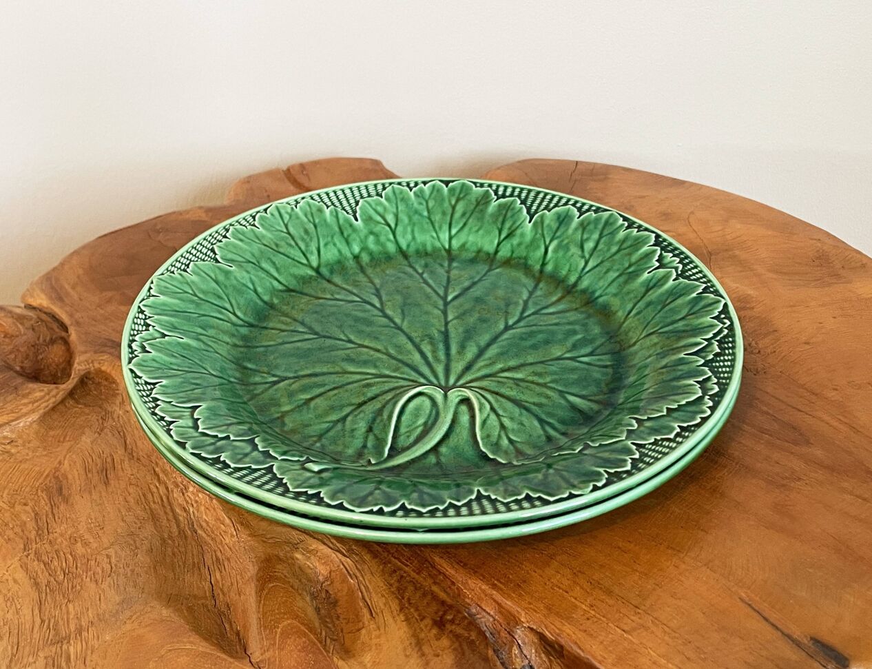 19th Century Wedgwood Green Grape Leaf Plates with Basket Weave
