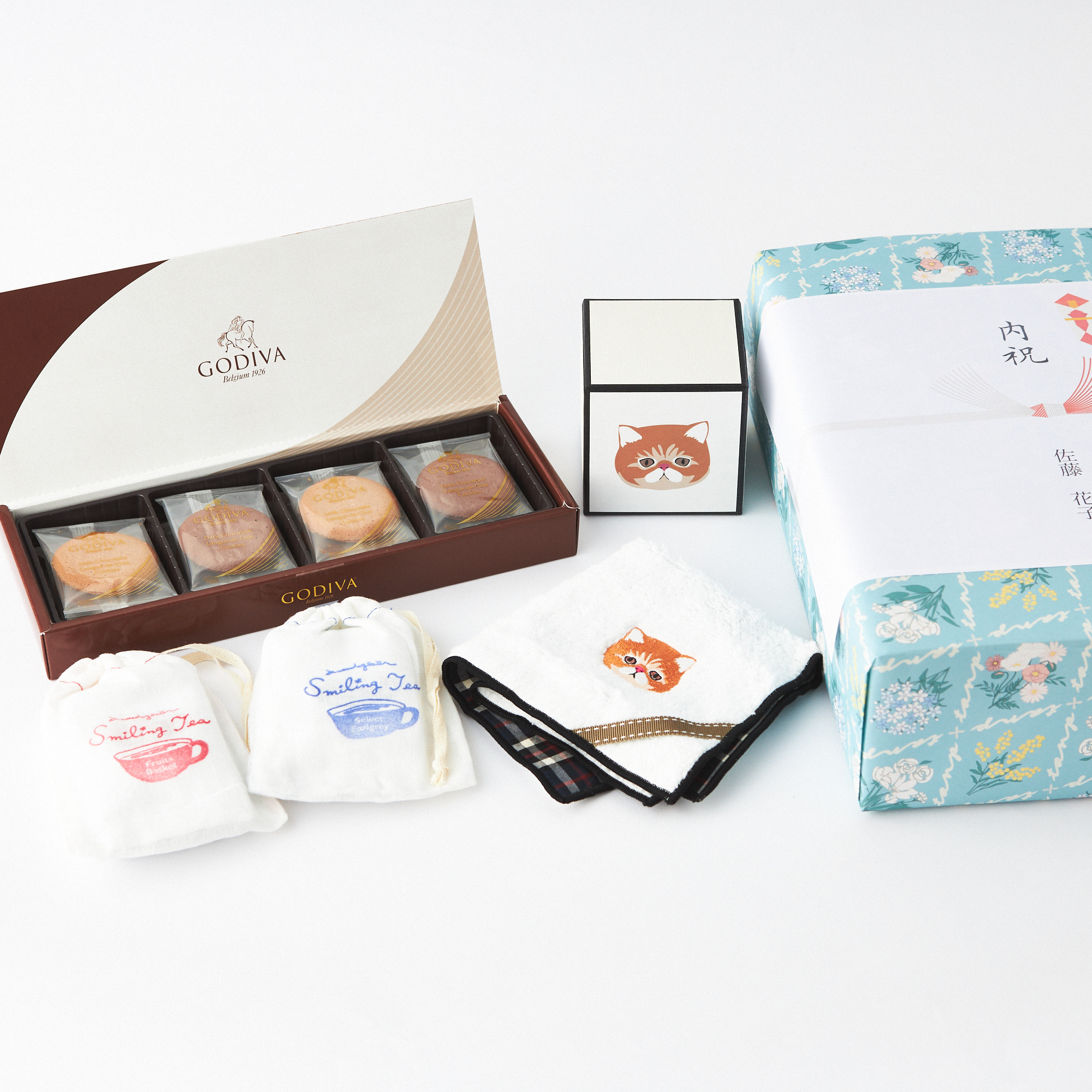 ボックス付き】GODIVAクッキー・紅茶・NEKOハンカチセット | MR. & MRS
