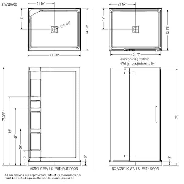 MAAX Hana 42 in. x 34 in. x 75 in. Frameless Rectangular Pivot