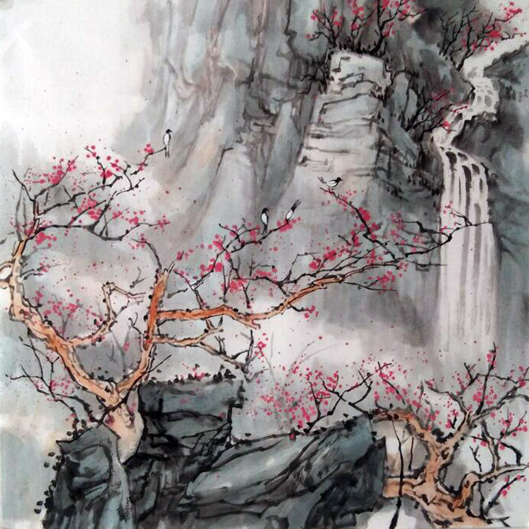 白雪石国画手绘临摹山水四尺斗方瀑布画心未裱无款客厅书房玄关