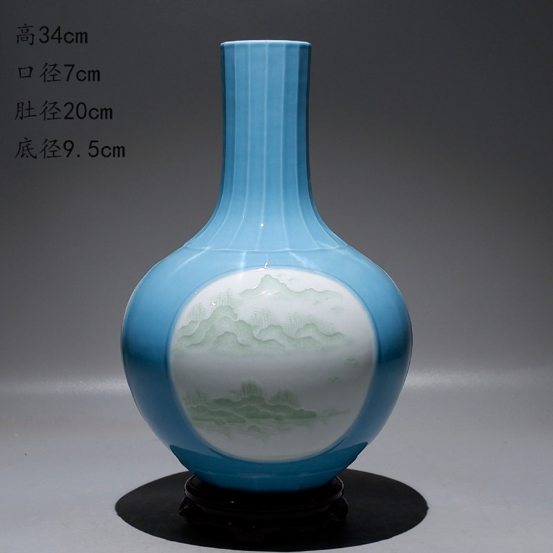 乾隆款天青釉开窗豆青山水纹天球瓶：瓷器中的诗意山水-仿古瓷器-淘宝好物网