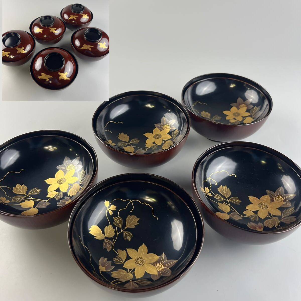 輪島塗 秋草蒔絵 煮物椀5客桐箱入五客揃 蒔絵 漆器