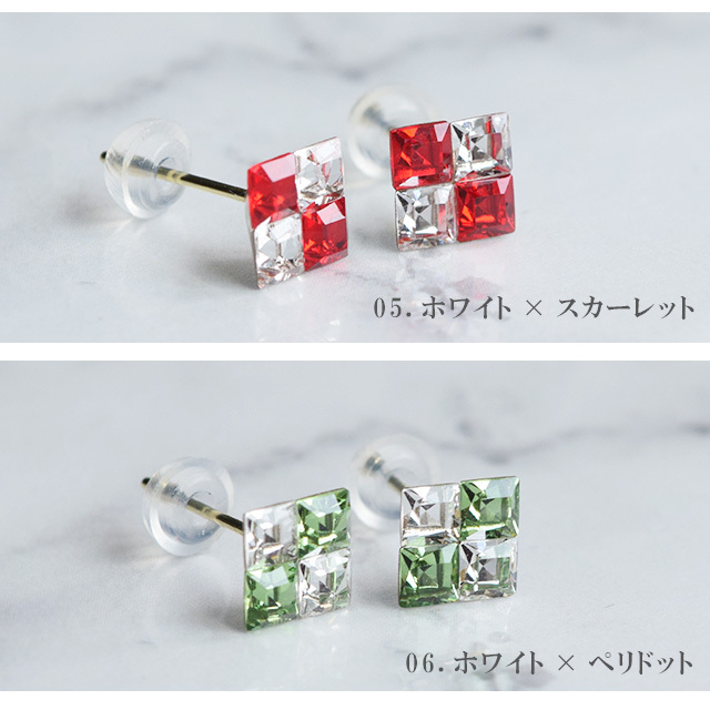 ピアス 18金 スワロフスキー クリスタル スクエア ホワイト ブラック
