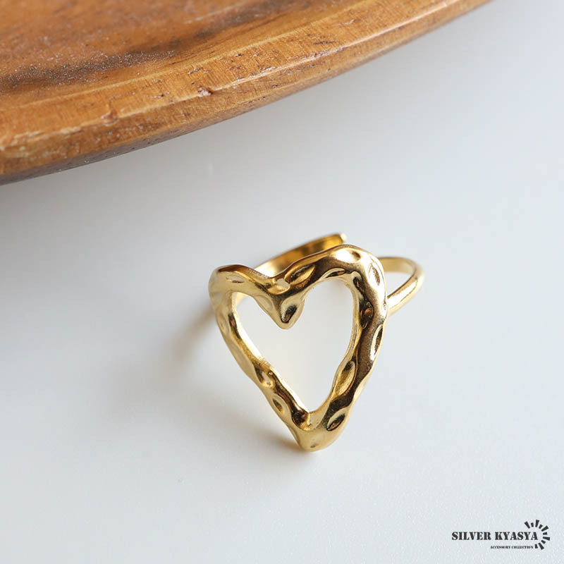 ステンレス ハートリング 槌目リング 透かし オープンリング かわいい
