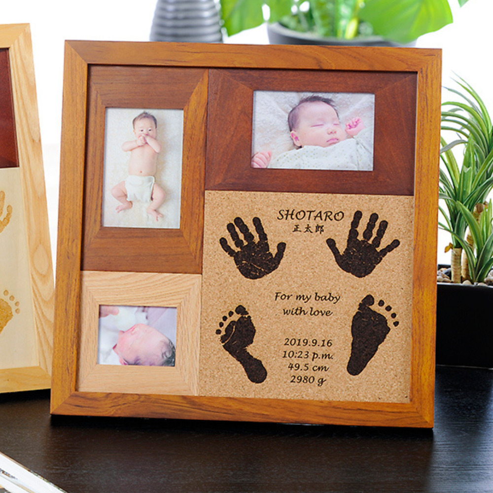 お子様の様々な表情を楽しめる手形足形天然木フォトフレーム【天使の