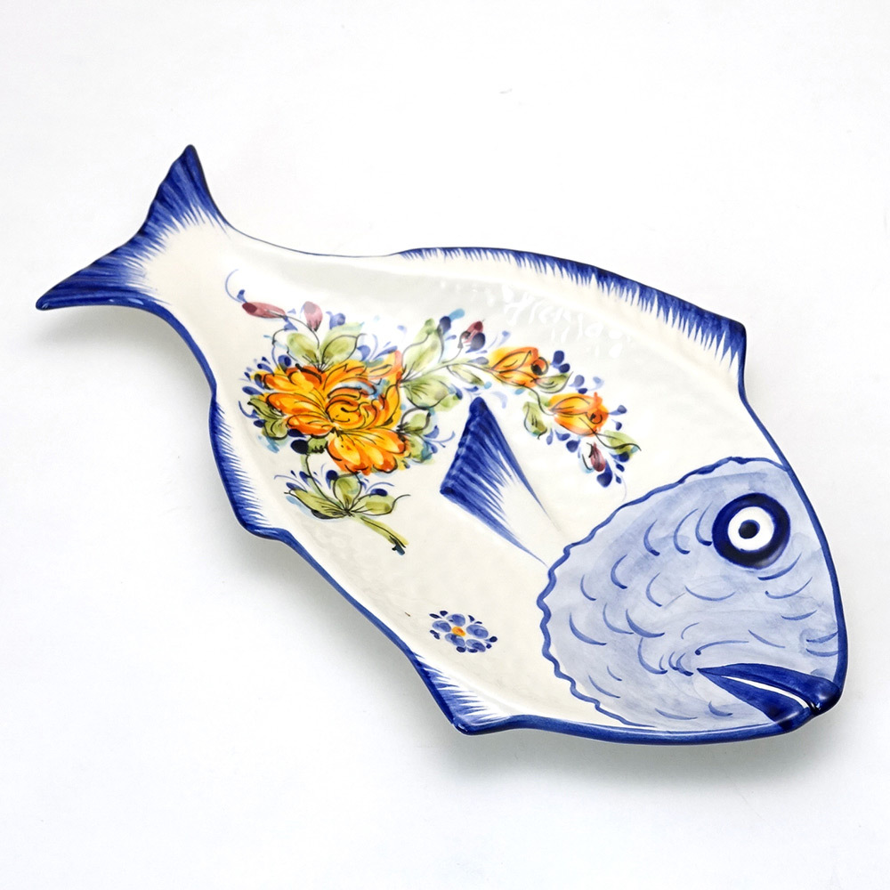 ポルトガル製 陶器 魚型 アズレージョ 飾り皿 花柄 インテリアプレート