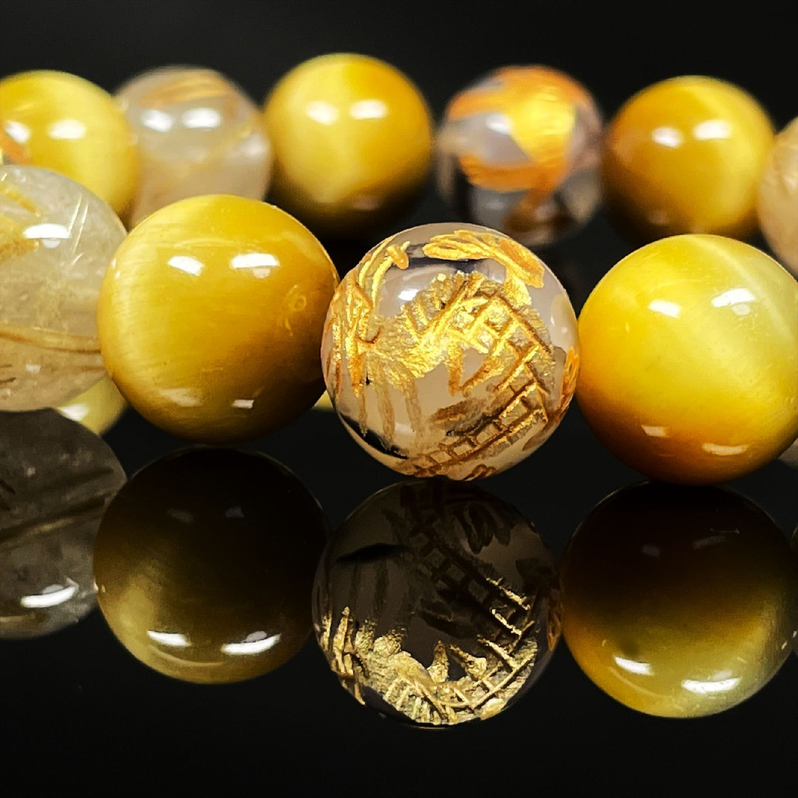 仕事運を高める数珠］12ミリ 金彫四神獣 ドラゴンアゲート ゴールデン