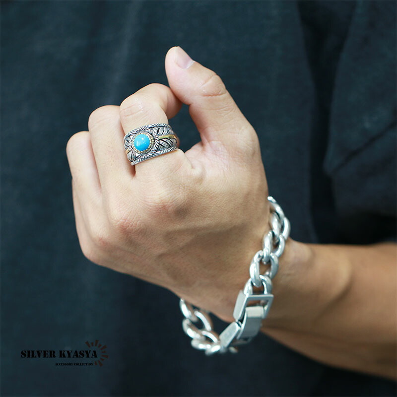 シルバー925 フェザーリング ターコイズ 指輪 925 シルバーリング 太幅