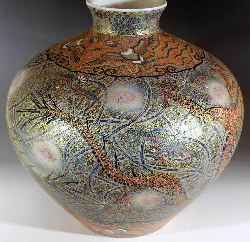 極上手・金襴手様式釉裏彩吉祥龍絵花瓶 陶芸作家 藤井錦彩 作 桐箱入り