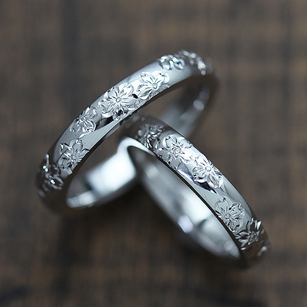 名入れ】【刻印】 ペアリング 桜 彫刻 プラチナ PT100 (pt10％) ダイヤ