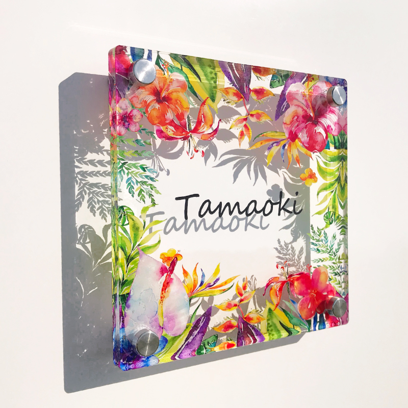 アクリル表札/トロピカルフラワー】 カラフル ポップ ピンク リーフ