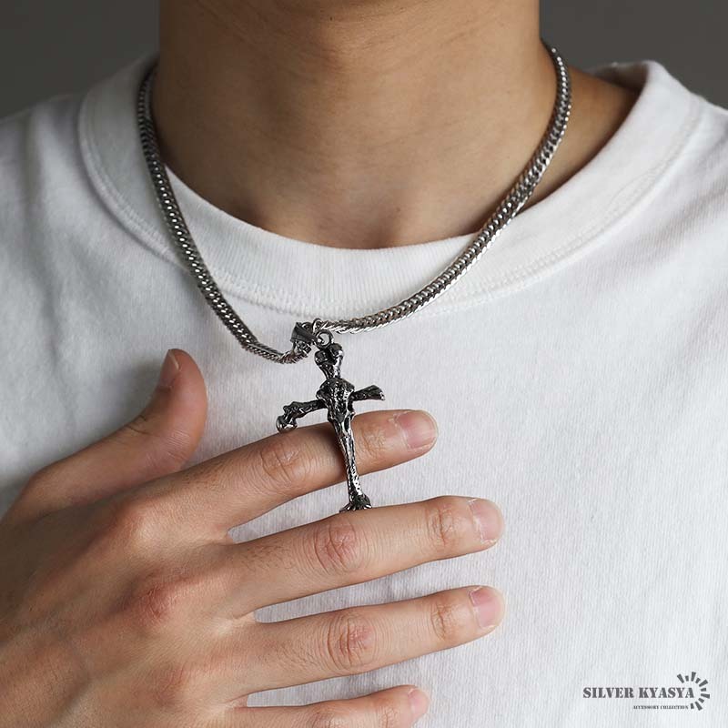 ステンレス クロスネックレス ボーンネックレス シルバー ダブル喜平